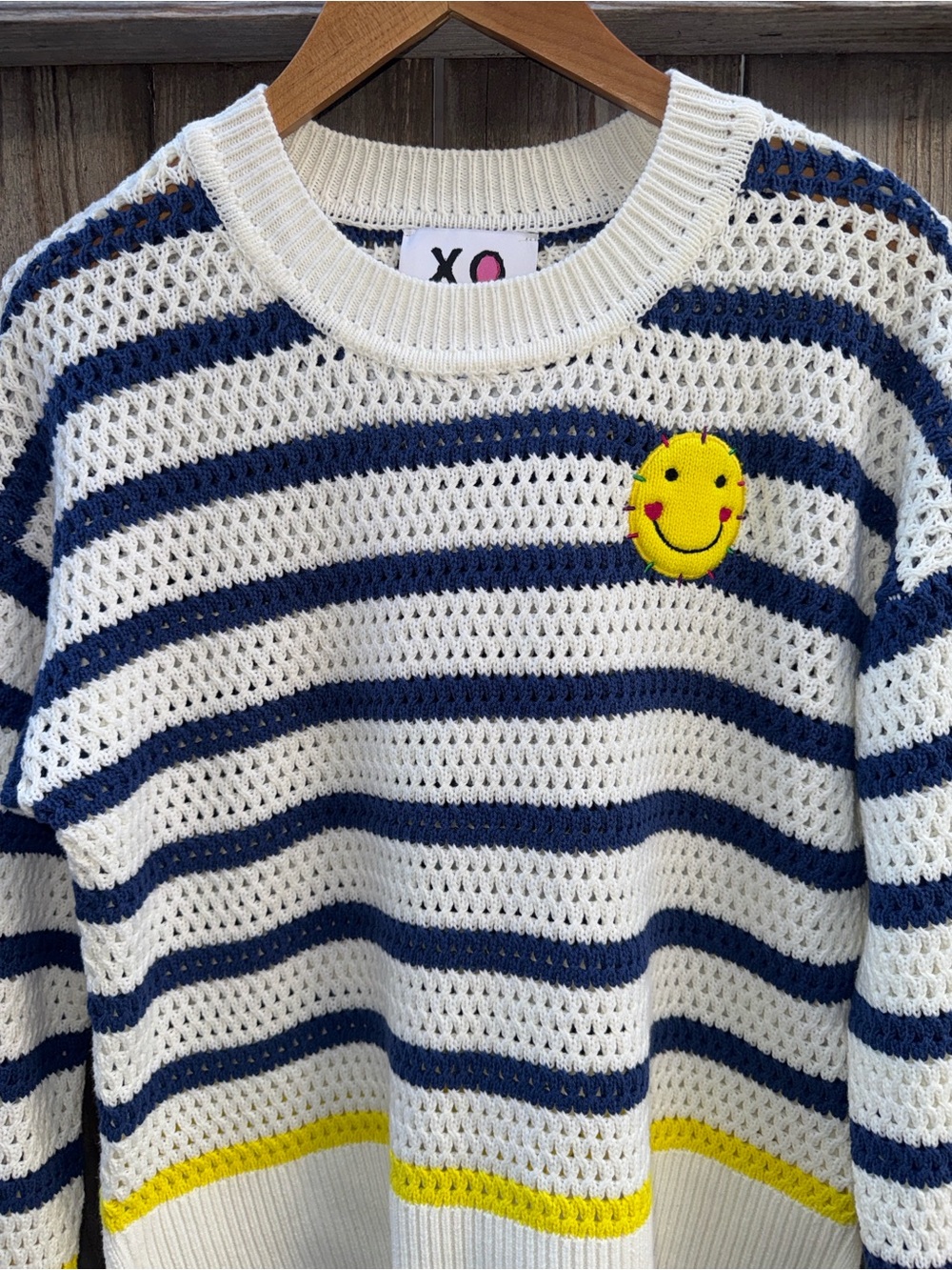 Kerri Rosenthal Crochet Knit Striped Smiley Embroidered Sweater Pullover Medium - Picture 7 of 8
